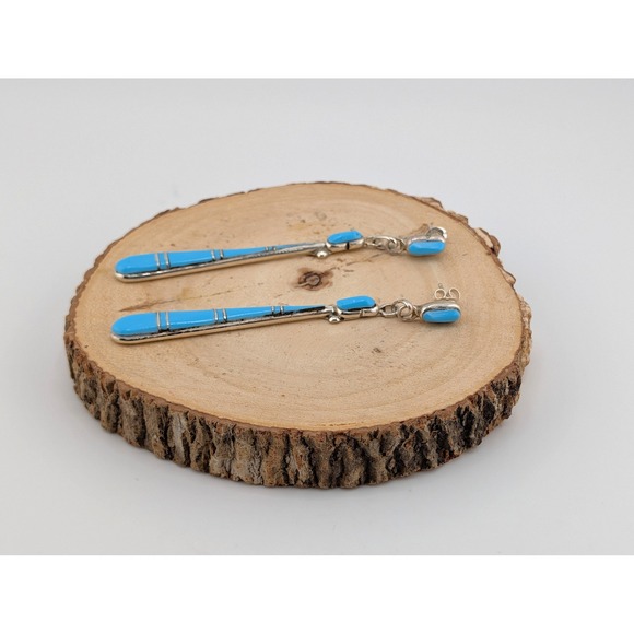 Zuni Dangle Earrings Signed Genuine Native Amer Jewelry Turquoise *** - Picture 4 of 10